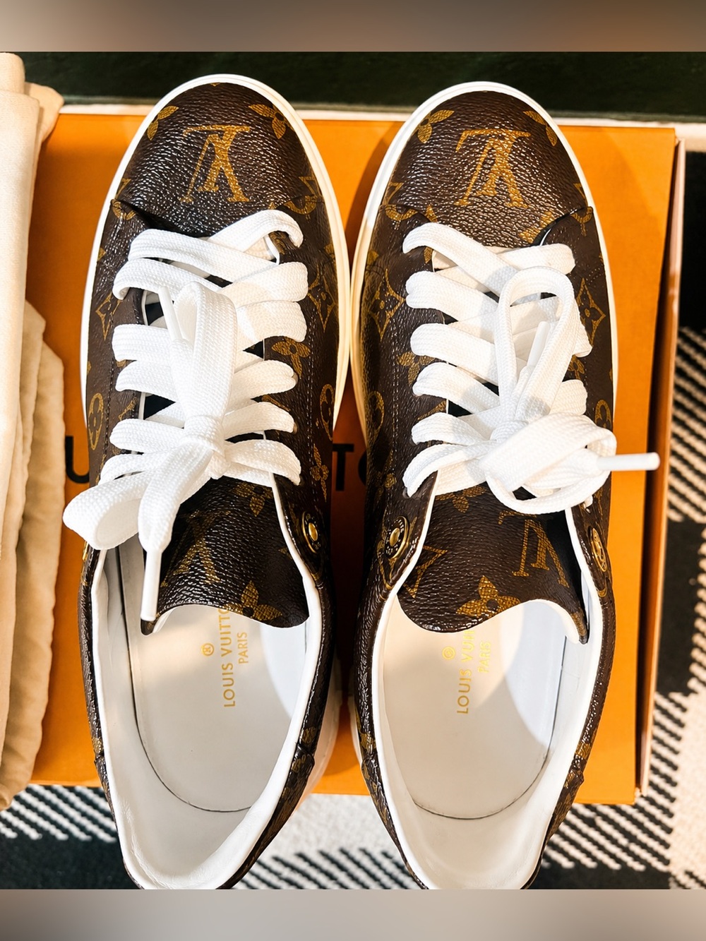 Louis Vuitton Brown Monogram womens Low-Top Sneakers with White Laces.